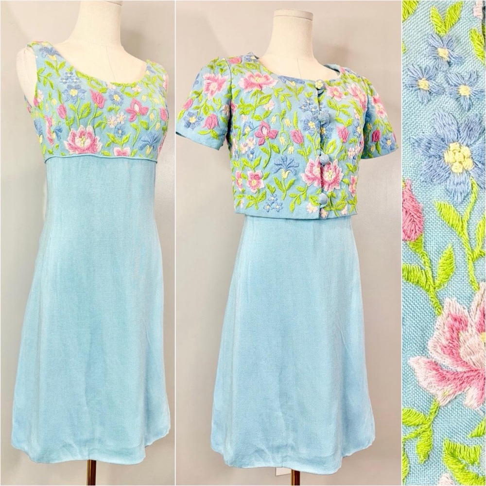 Vintage 1960s Dress & Jacket Set Embroidered Floral Spring Easter 60s Pastel